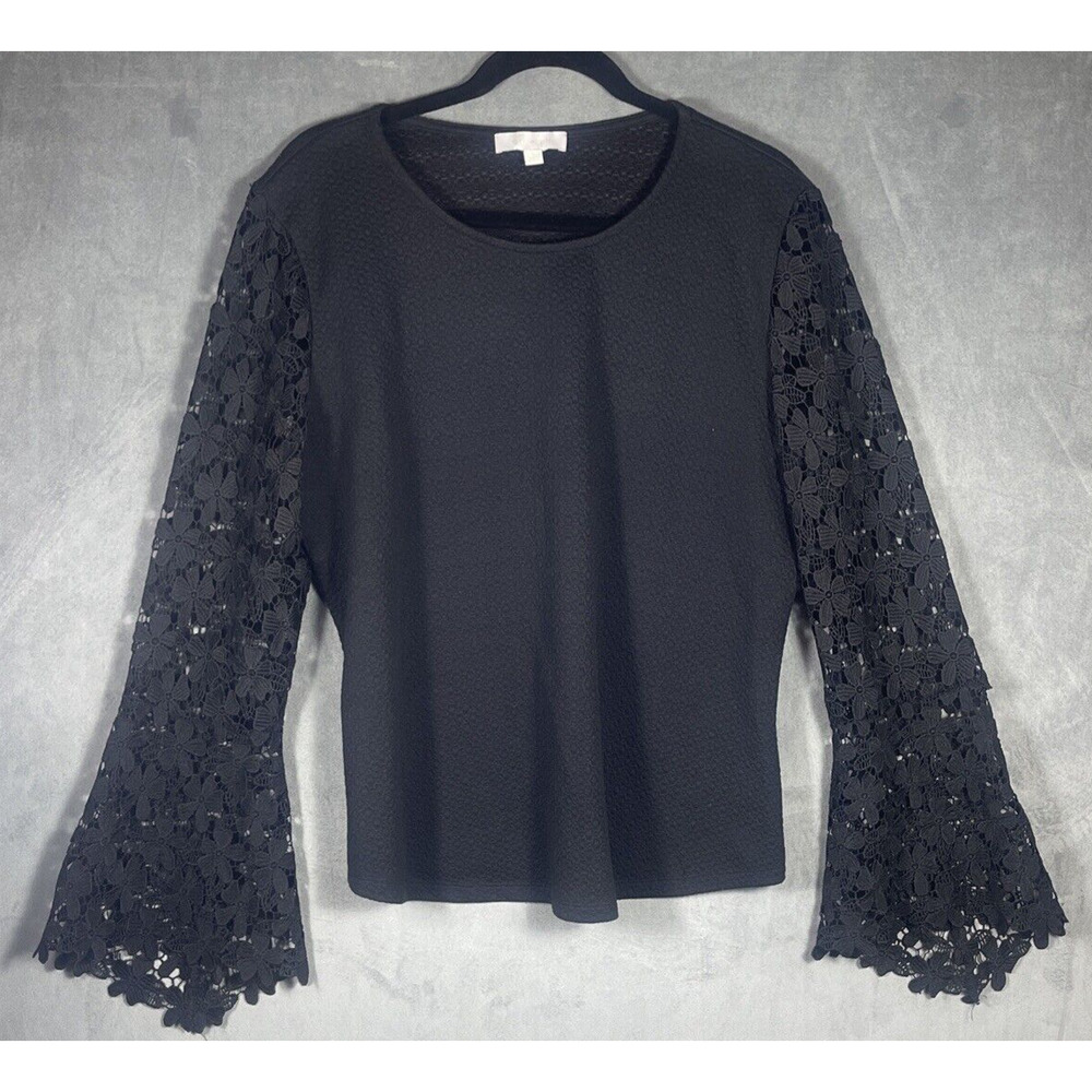 Anthropologie Eri + Ali Black Lace Bell Long Sleeve Blouse Top‎ Size Large